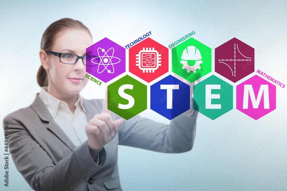 Businesswoman pressing virtual buttons in STEP education concept Businesswoman pressing virtual buttons in STEP education concept