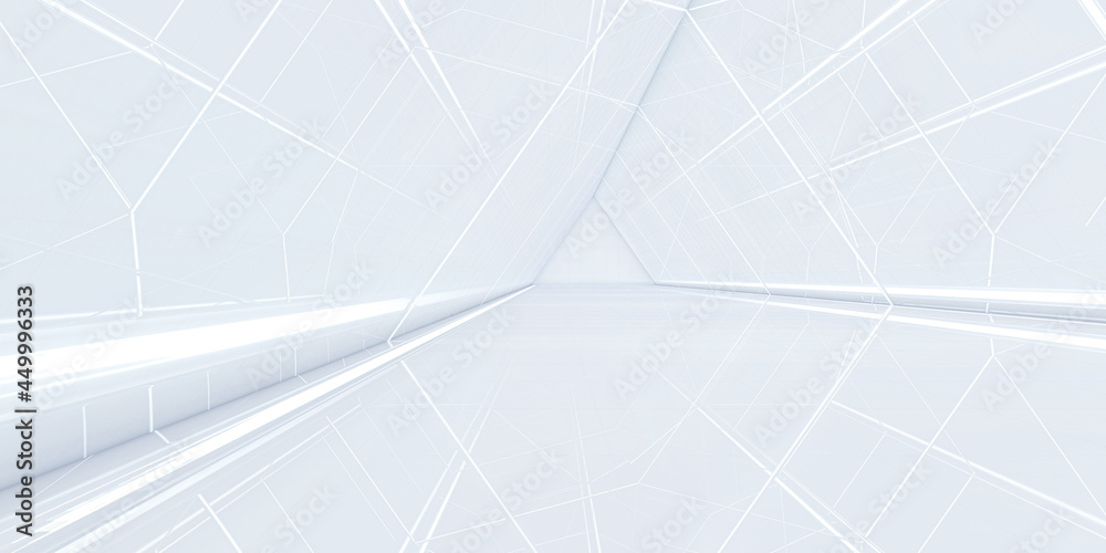 Futuristic modern white background. Abstract Triangle tunnel with light. Sci-fi corridor concept. 3d rendering.