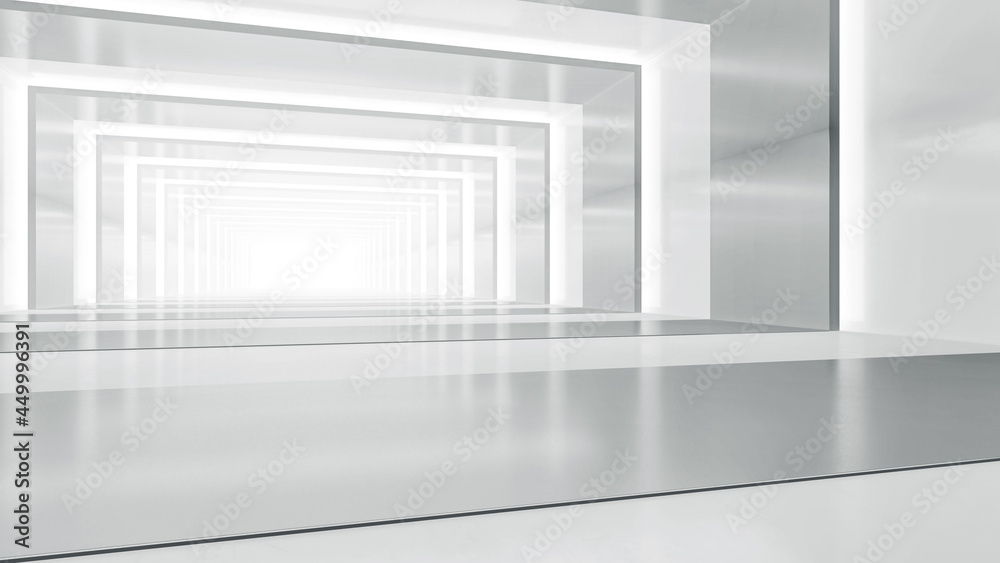 Abstract empty corridor with light. Futuristic white space interior design. 3d illustration