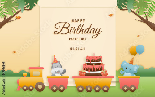 Cute train birthday greeting card. jungle animals celebrate children's birthdays and template invitation paper and papercraft style vector illustration. Theme happy birthday.