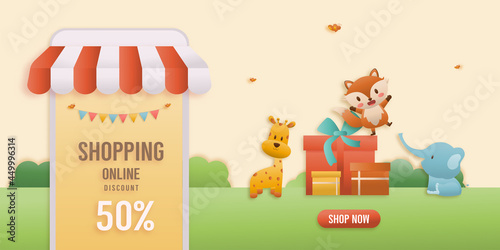 Online shopping banners discount 50% jungle animals Birthday Theme. Celebration voucher Happy birthday. decorating with gift box , mobile phone paper cut, and papercraft style vector illustrator.