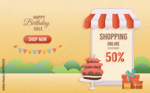 Online shopping banners discount 50% jungle animals Birthday Theme. Celebration voucher Happy birthday. decorating with cake and gift box paper cut, and papercraft style vector illustrator.