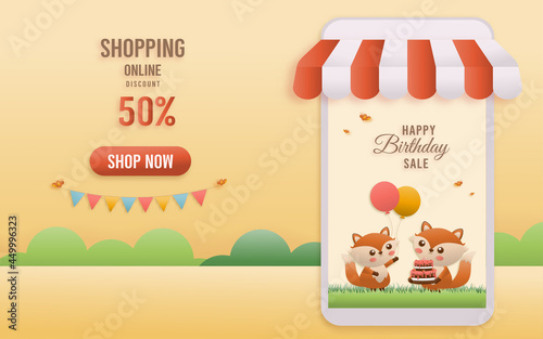 Online shop banners discount 50% jungle animals Birthday Theme. Celebration voucher Happy birthday. decorating with cake and fox paper cut, and papercraft style vector illustrator.