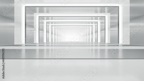 Abstract empty corridor with light. Futuristic white space interior design. 3d illustration