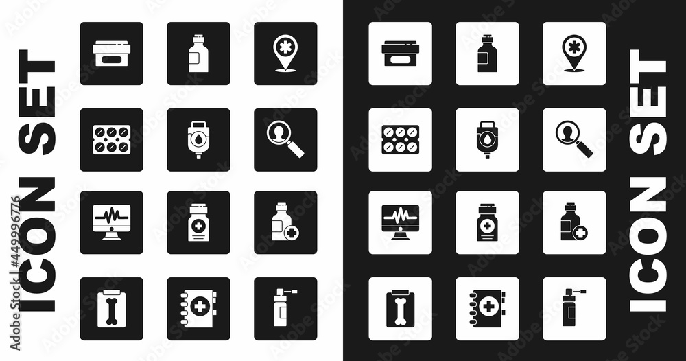 Set Map pointer with cross hospital, IV bag, Pills blister pack, Ointment cream tube medicine, Medical analysis, Bottle of syrup, and Monitor cardiogram icon. Vector Set Map pointer with cross hospital, IV bag, Pills blister pack, Ointment cream tube medicine, Medical analysis, Bottle of syrup, and Monitor cardiogram icon. Vector