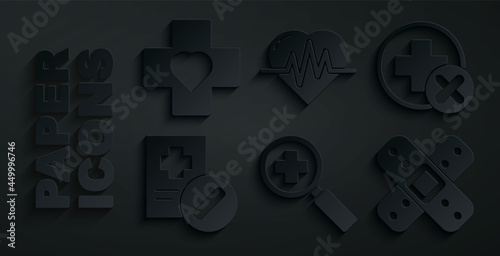 Set Magnifying glass for search medical, Cross hospital, Medical prescription, Crossed bandage plaster, Heart rate and with cross icon. Vector
