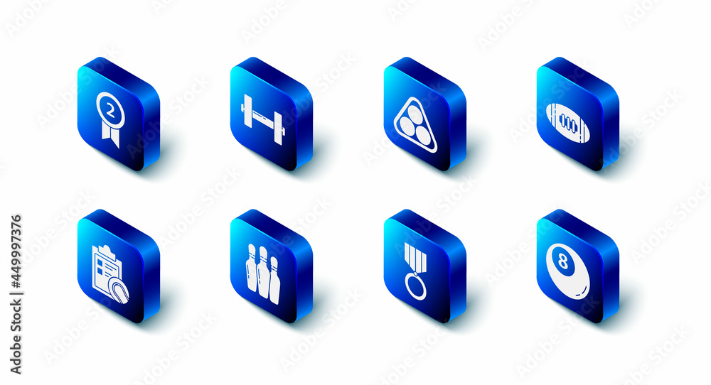 Set Dumbbell, Billiard balls in a rack triangle, American Football, pool snooker, Medal, Bowling pin, Checklist clipboard and tennis and icon. Vector Set Dumbbell, Billiard balls in a rack triangle, American Football, pool snooker, Medal, Bowling pin, Checklist clipboard and tennis and icon. Vector