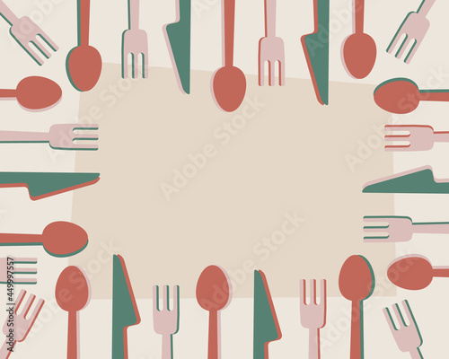 Homemade cooking healthy tasty food postel pastel colors with cutlery: spoon, fork, knife and place for text, copy paste. Home cooking catering, restaurant, cafe symbol concept, vector illustration