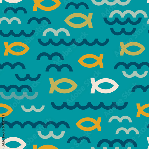 A conceptual pattern celebrates outdoors adventure, representing water, waves and fish in geometric shapes and elements. For any surface: paper products, textiles, wall coverings, digital realm items.