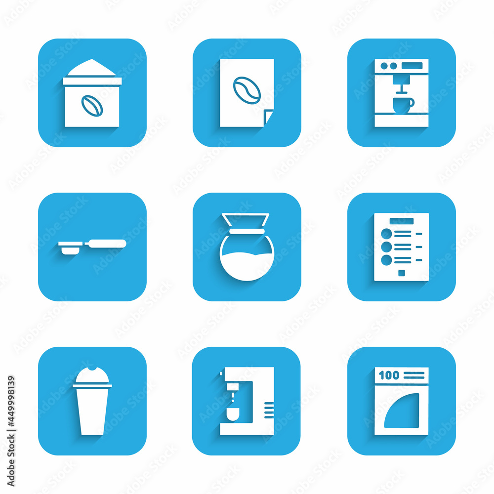 Set Pour over coffee maker, Coffee machine, paper filter, menu, Milkshake, holder, and Bag beans icon. Vector Set Pour over coffee maker, Coffee machine, paper filter, menu, Milkshake, holder, and Bag beans icon. Vector