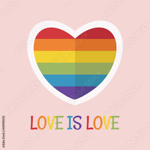 Cute bright LGBTQ heart and LGBT colorful flag inside on the pink background. Illustration for love in Valentine's day Gay Pride celebrations. LGBTQ plus diversity and equality concept. Love is love