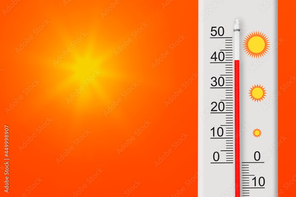 Fototapeta premium Celsius scale thermometer shows plus 41 degrees . Yellow sun in red sky. Summer heat