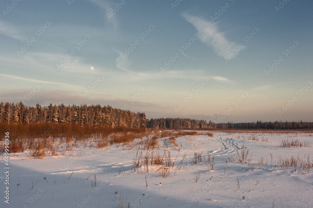 The road leads through a snow-covered field The road leads through a snow-covered field