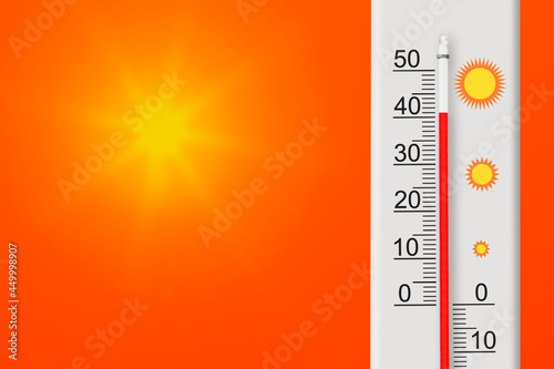 Celsius scale thermometer shows plus 41 degrees . Yellow sun in red sky. Summer heat