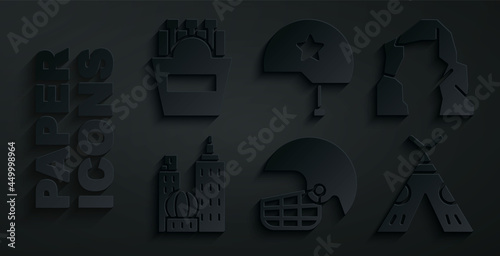 Set American football helmet, Grand canyon, City landscape, Indian teepee or wigwam, Military and Potatoes french fries in box icon. Vector