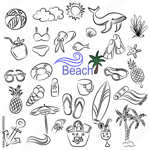 Beach theme doodle set. Various seaside sport activities and relaxation - surfing  beach volley  diving  swimming  sun tanning. Wildlife of the coast - seagull  crab  shark  jellyfish  seashells