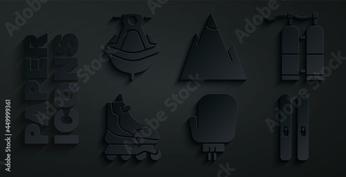 Set Boxing glove, Aqualung, Roller skate, Ski and sticks, Mountains and Jet ski icon. Vector