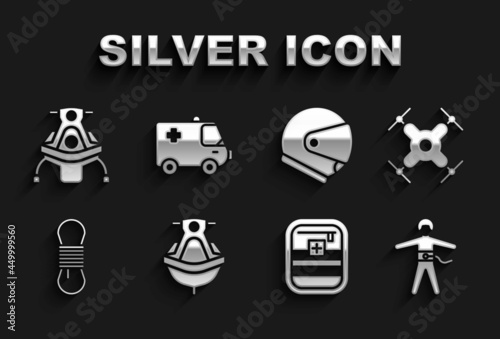 Set Jet ski, Drone flying, Bungee jumping, First aid kit, Climber rope, Helmet, Snowmobile and Ambulance and emergency car icon. Vector