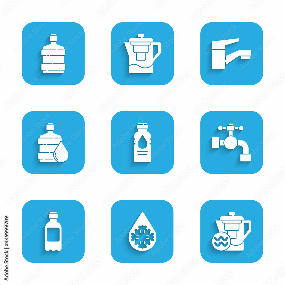 Set Bottle of water, Defrosting, Water jug with filter, tap, Big bottle clean, and icon. Vector Set Bottle of water, Defrosting, Water jug with filter, tap, Big bottle clean, and icon. Vector