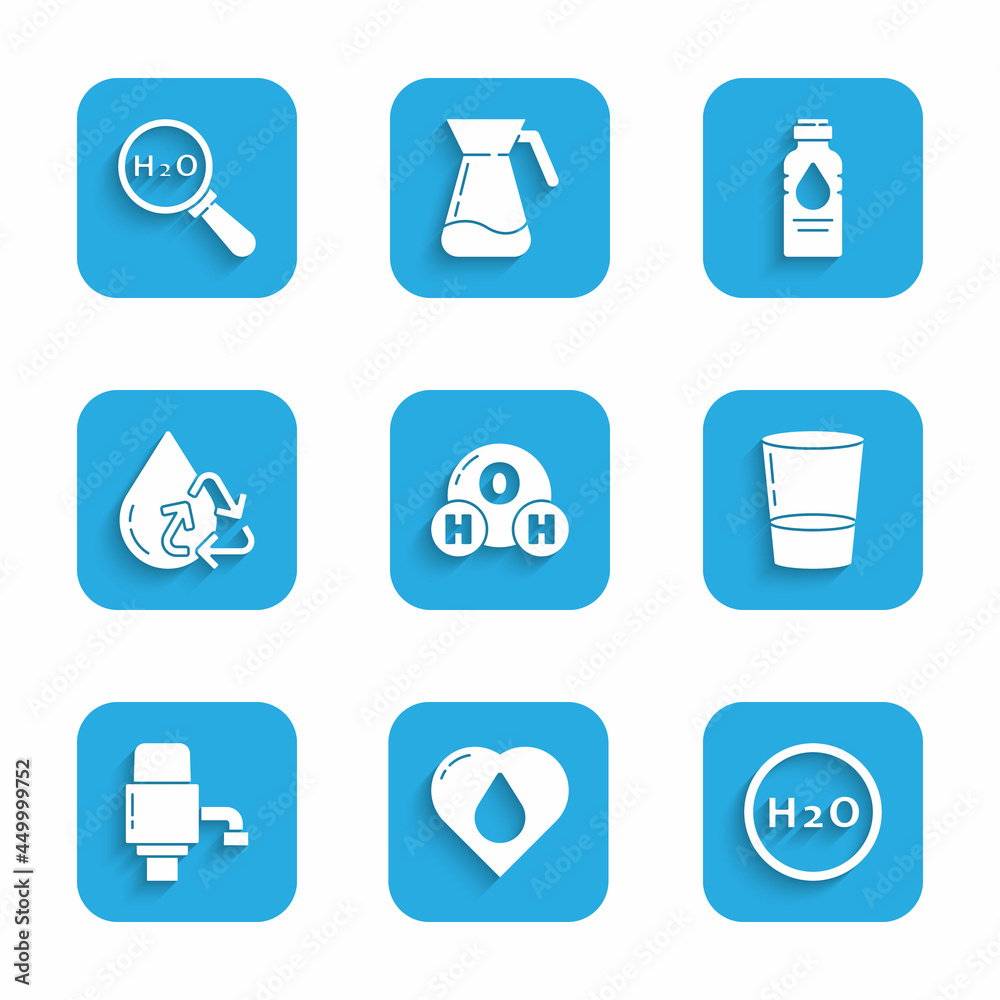 Set Chemical formula for H2O, Heart with water drop, Glass, Mechanical pump, Recycle clean aqua, Bottle of and icon. Vector Set Chemical formula for H2O, Heart with water drop, Glass, Mechanical pump, Recycle clean aqua, Bottle of and icon. Vector