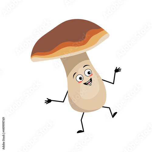 Cute mushroom character with joyful emotions, dancing, smile face, happy eyes, arms and legs. A funny healthy wholesome food, forest plant