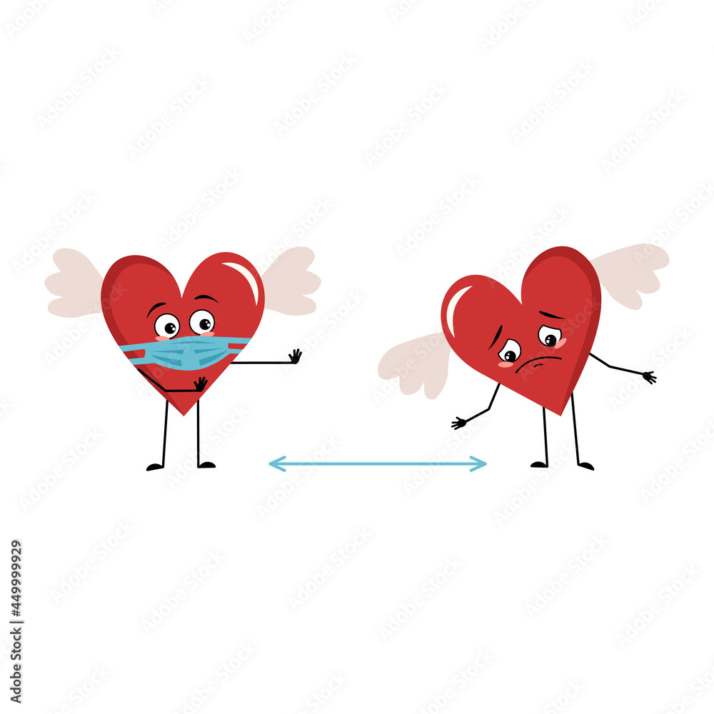 Cute character red heart with wings and with sad emotions, face and mask keep distance, arms and legs. Festive decoration for valentine day