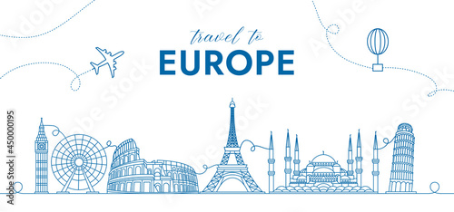 line art of Europe top monument with a travel poster composition, line art of big ben, colosseum, giant ferries, eiffel tower, blue mosque and tower of pisa