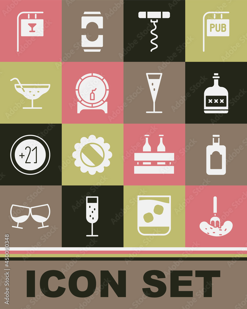 Set Pickled cucumber on a fork, Whiskey bottle, Alcohol drink Rum, Wine corkscrew, Wooden barrel rack, Cocktail, Street signboard with Bar and Glass of champagne icon. Vector