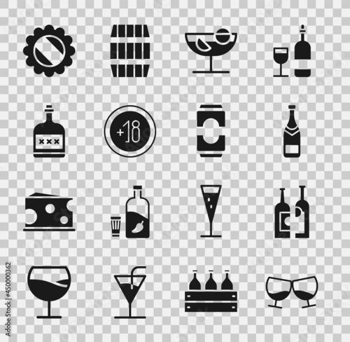 Set Glass of cognac or brandy, Bottles wine, Champagne bottle, Cocktail, Alcohol 18 plus, drink Rum, cap and Beer can icon. Vector