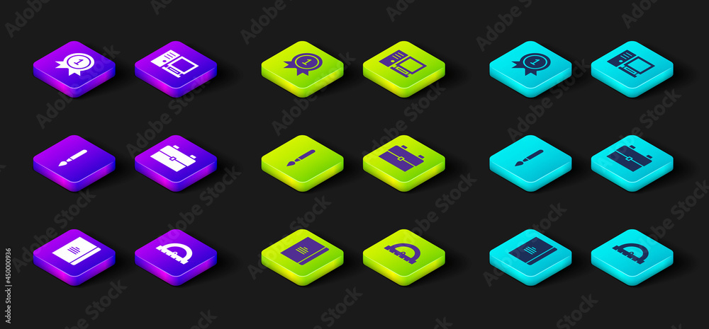 Set Spiral notebook, Protractor, Paint brush, School backpack, Computer monitor and Medal icon. Vector Set Spiral notebook, Protractor, Paint brush, School backpack, Computer monitor and Medal icon. Vector