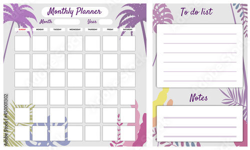 Monthly Planner template vector. Palms floral decoration background, To Do list, notes. Business notebook management, organizer