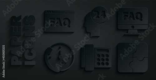 Set Telephone, Computer monitor and FAQ, 24 hours support, Piece of puzzle, Support operator in touch and Browser icon. Vector