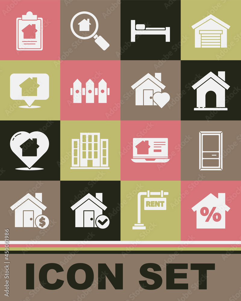 Set House with percant discount, Closed door, Bed, Garden fence wooden, Location house, contract and heart shape icon. Vector Set House with percant discount, Closed door, Bed, Garden fence wooden, Location house, contract and heart shape icon. Vector