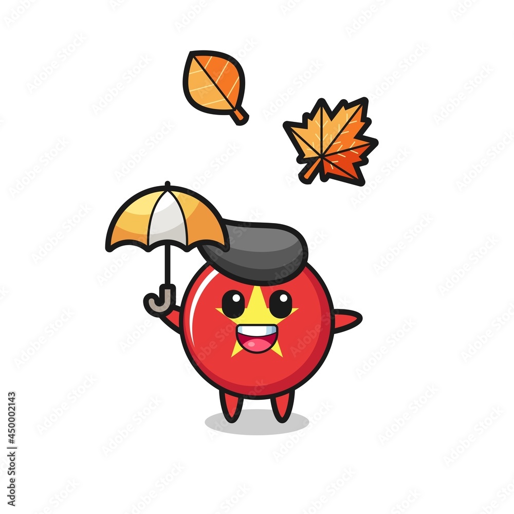 cartoon of the cute vietnam flag badge holding an umbrella in autumn