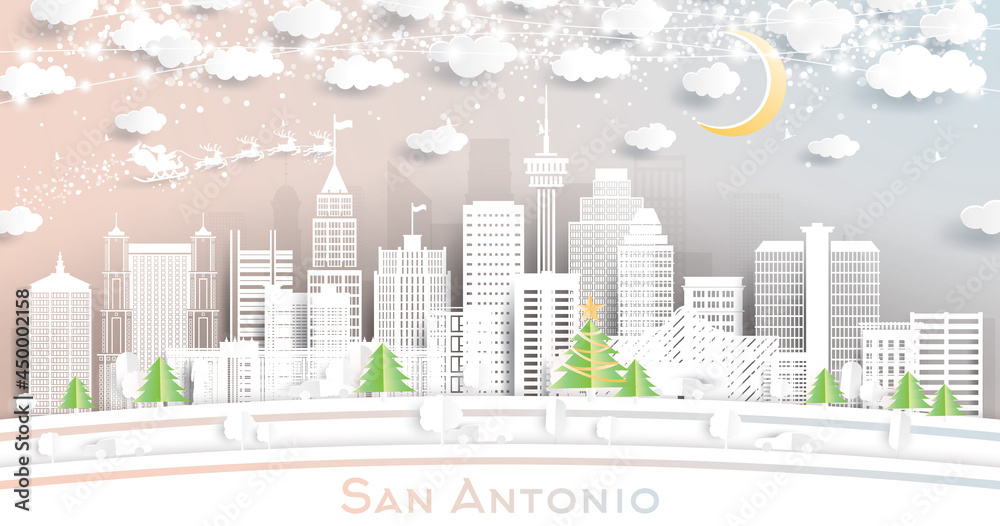 San Antonio Texas City Skyline in Paper Cut Style with Snowflakes, Moon and Neon Garland.
