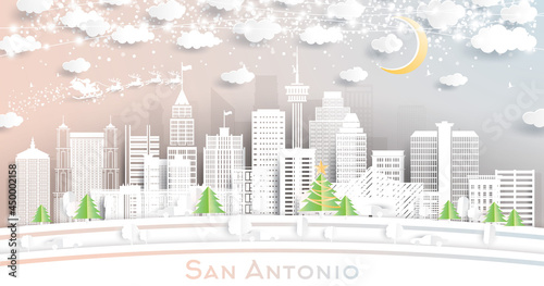 San Antonio Texas City Skyline in Paper Cut Style with Snowflakes, Moon and Neon Garland.