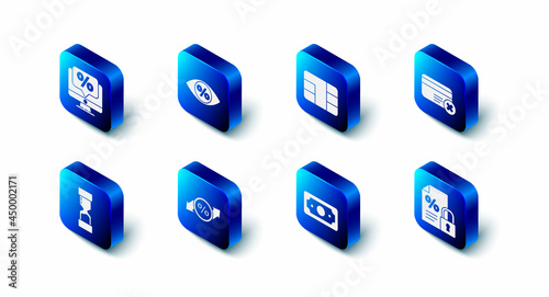 Set Eye with percent, Credit card chip, remove, Finance document and lock, Stacks paper money cash, Discount tag, Old hourglass and Percent discount monitor icon. Vector