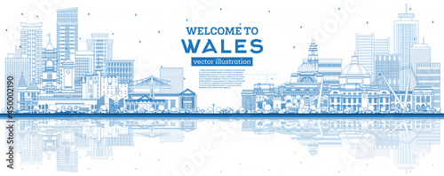 Outline Welcome to Wales City Skyline with Blue Buildings.