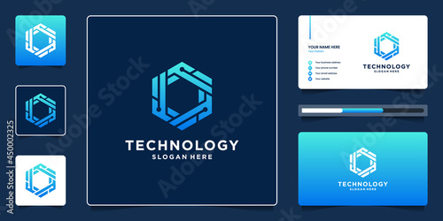 Abstract hexagon geometric technology logo design with dot and circuit symbol