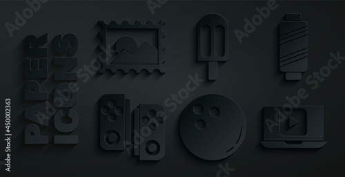 Set Bowling ball, Sewing thread on spool, Gamepad, Online play video, Ice cream and Postal stamp icon. Vector