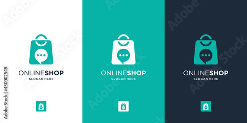 Modern online shop logo with creative combine bag and bubble chat symbol