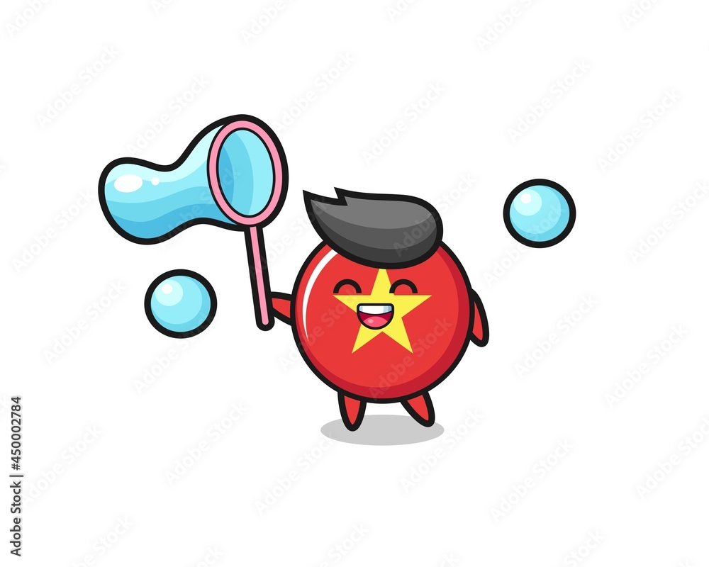 happy vietnam flag badge cartoon playing soap bubble