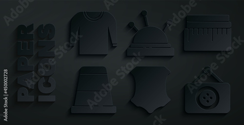 Set Leather, Tape measure, Thimble for sewing, Tailor shop, Needle bed and needles and Sweater icon. Vector