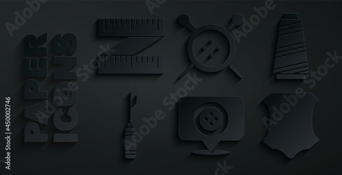 Set Location tailor shop, Sewing thread, Awl tool, Leather, button and knitting needles and Tape measure icon. Vector