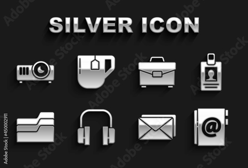 Set Headphones, Identification badge, Address book, Envelope, Document folder, Briefcase, Movie, film, media projector and Cup of tea with tea bag icon. Vector