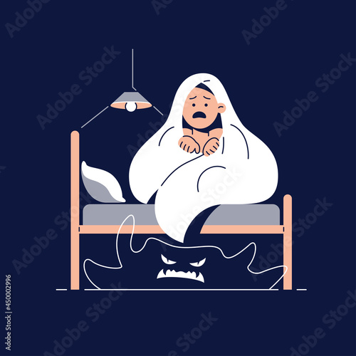 Fear of darkness, Kids nightmares concept. Frightened boy imagining monsters under the bed. Child hides under blanket from monster. Childish fears of darkness for web design.Flat vector illustration