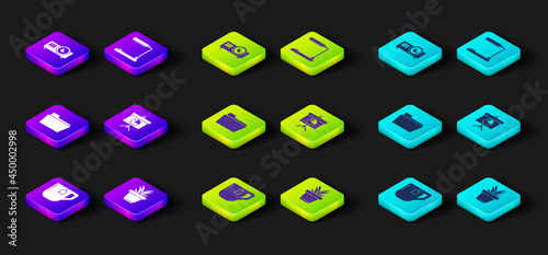 Set Cup of tea with tea bag, Plant in pot, Document folder, Chalkboard diagram, Table lamp and Movie, film, media projector icon. Vector