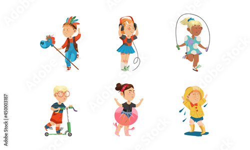 Funny Children Jumping Rope, Listening to Music and Riding Scooter Vector Set