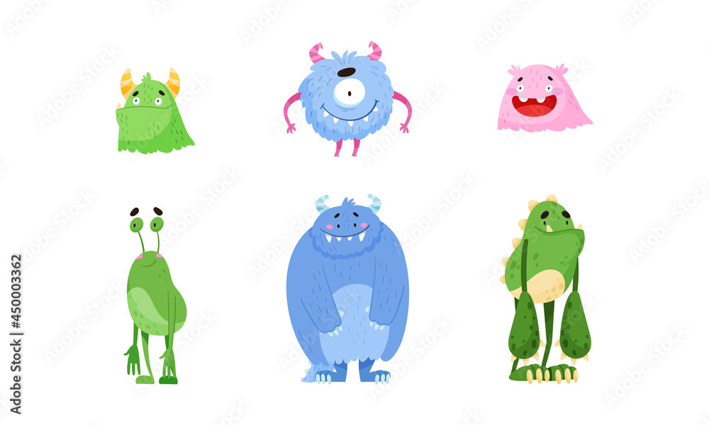 Obraz premium Funny Smiling Toothy Monsters with Horns Vector Set