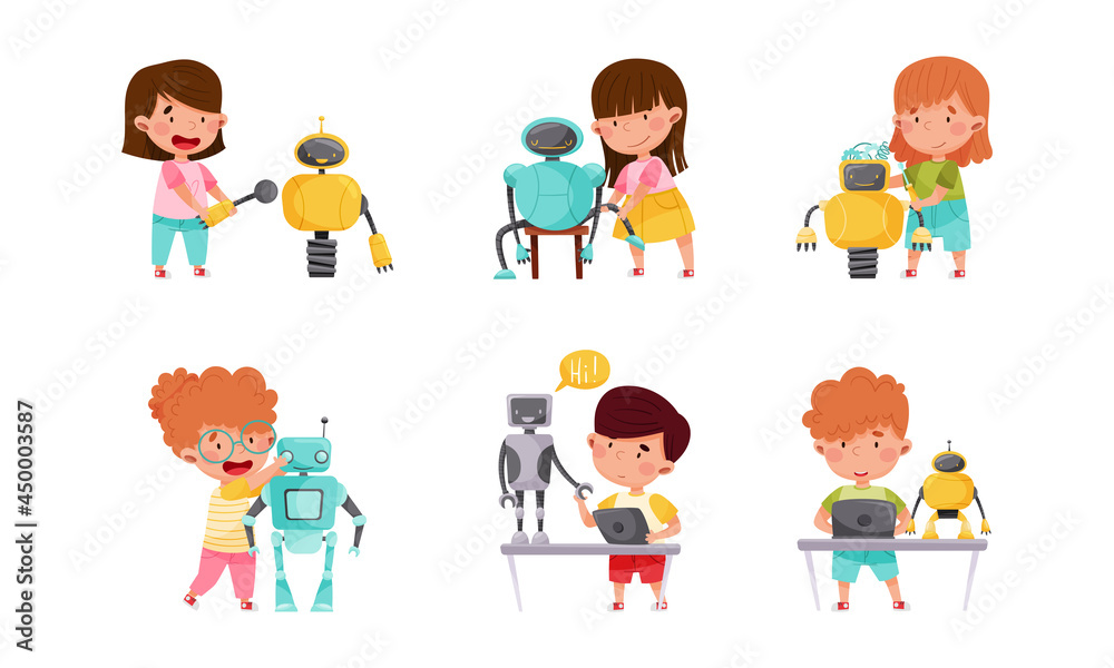 Little Children Engineering and Creating Robots Vector Illustrations Set